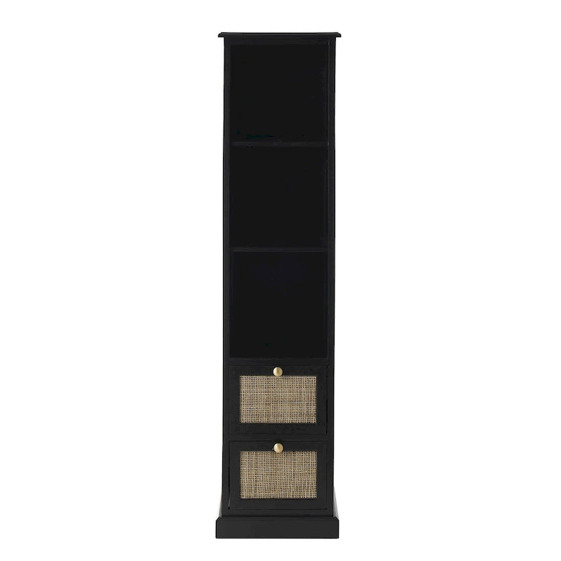 Meuble de rangement noir avec 3 étagères ouvertes, 2 tiroirs en rotin et poignées dorées
