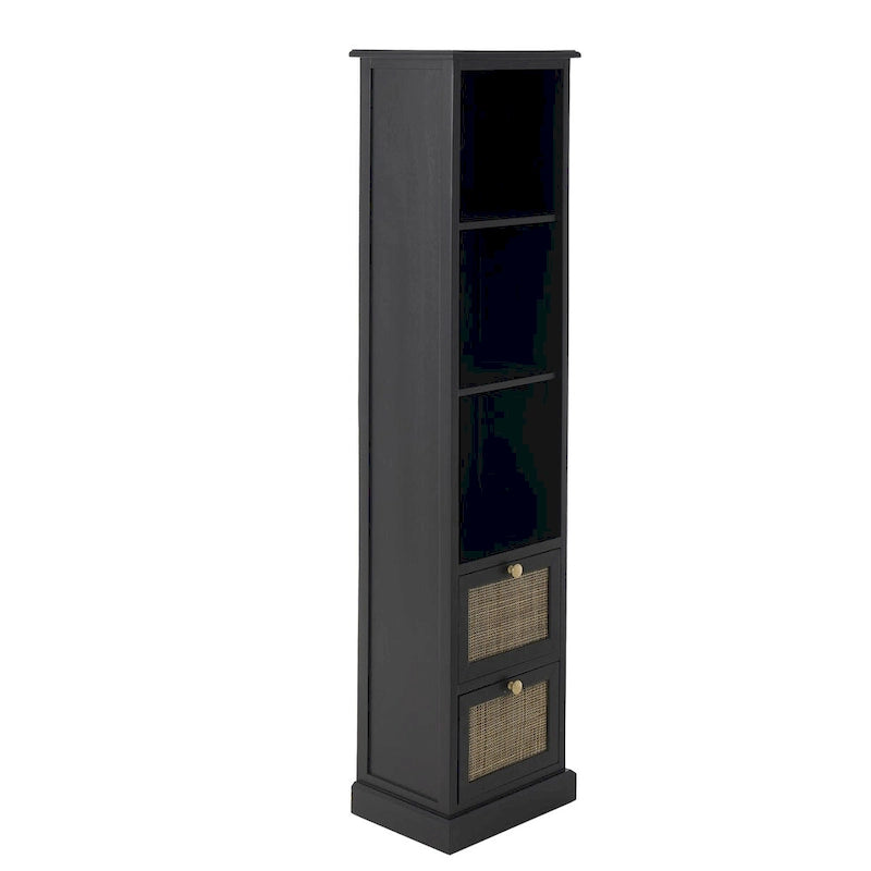 Meuble de rangement noir avec 3 étagères ouvertes, 2 tiroirs en rotin et poignées dorées
