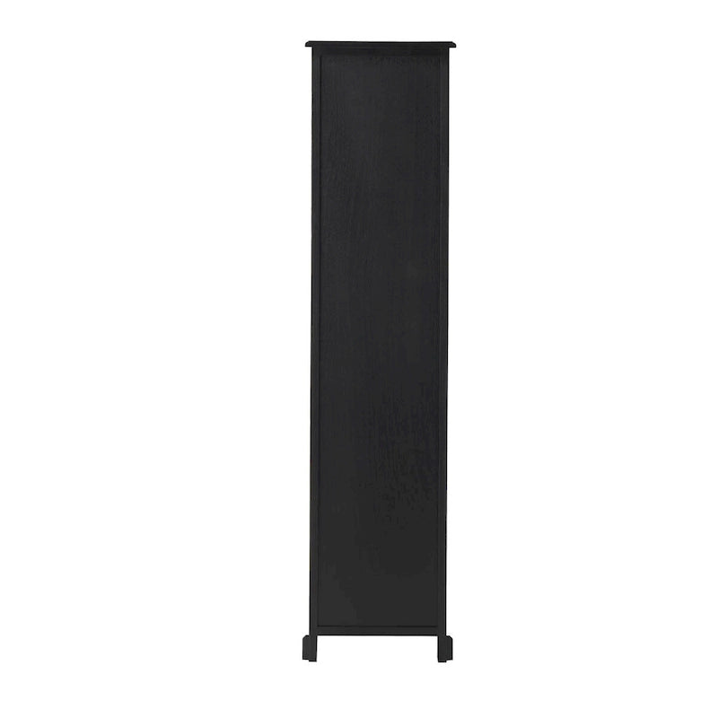 Meuble de rangement noir avec 3 étagères ouvertes, 2 tiroirs en rotin et poignées dorées