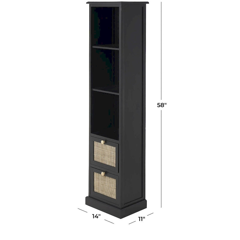 Meuble de rangement noir avec 3 étagères ouvertes, 2 tiroirs en rotin et poignées dorées