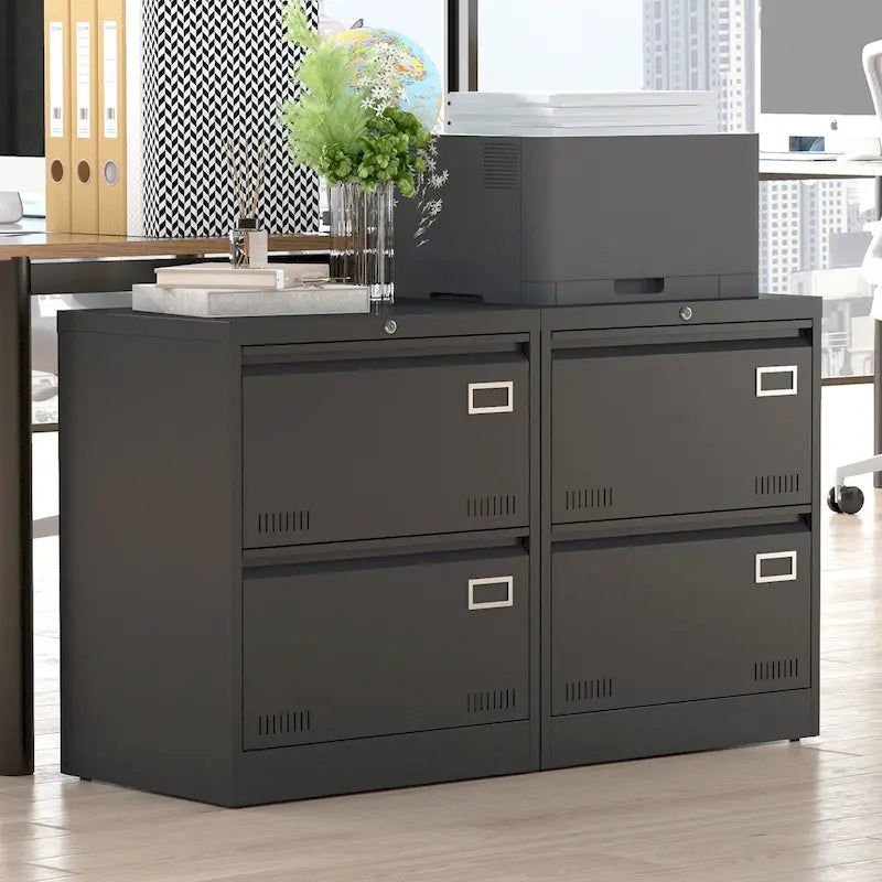 Classeur latéral métallique à 2 tiroirs avec serrure, en acier noir, pour rangement de bureau