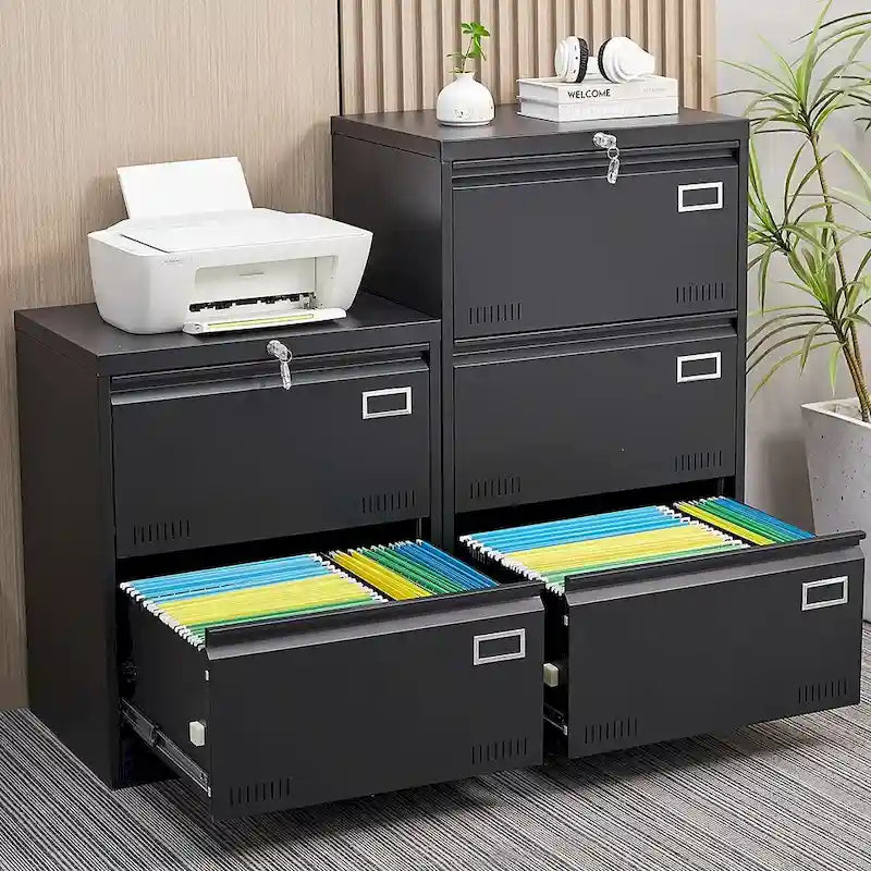 Classeur latéral métallique à 2 tiroirs avec serrure, en acier noir, pour rangement de bureau