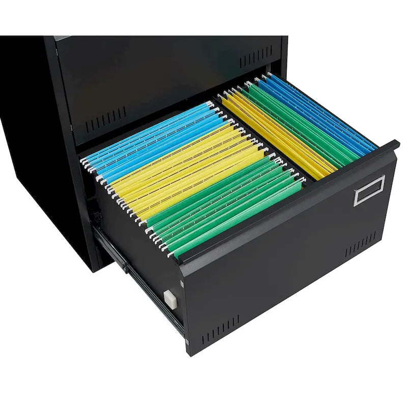 Classeur latéral métallique à 2 tiroirs avec serrure, en acier noir, pour rangement de bureau