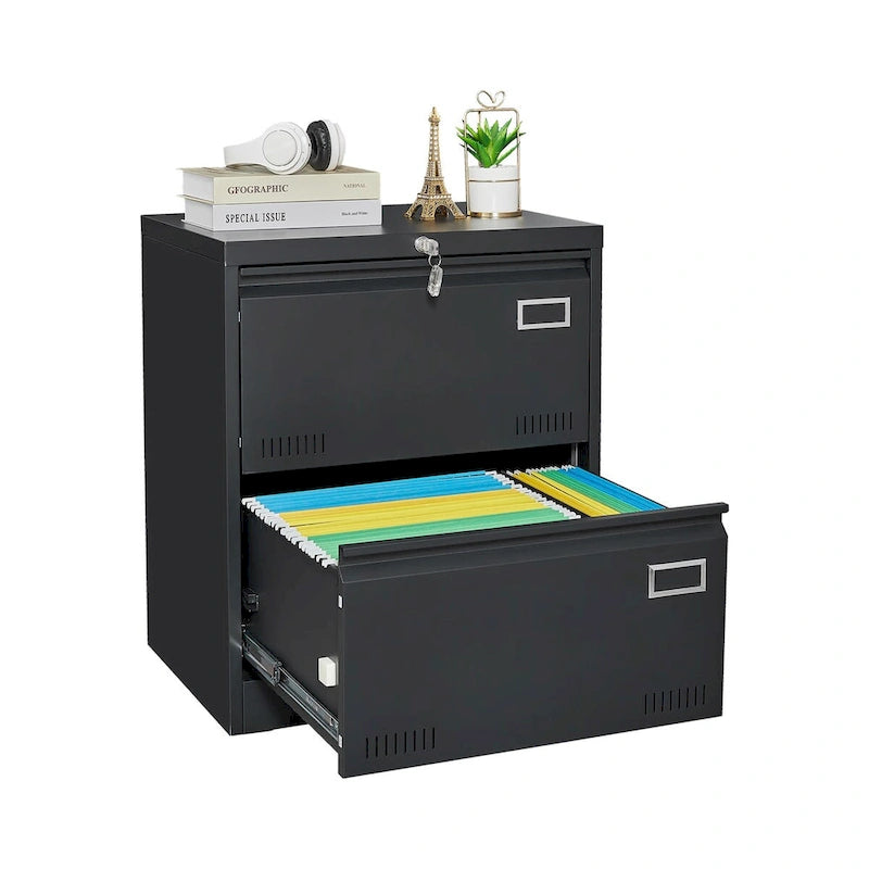 Classeur latéral métallique à 2 tiroirs avec serrure, en acier noir, pour rangement de bureau