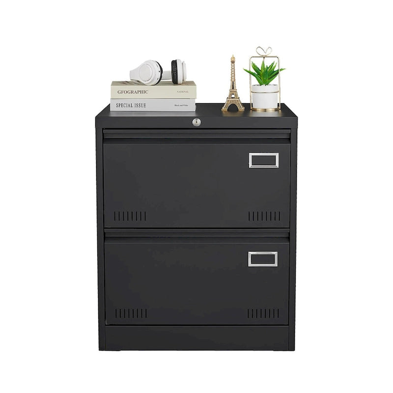 Classeur latéral métallique à 2 tiroirs avec serrure, en acier noir, pour rangement de bureau