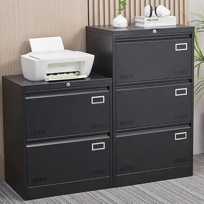 Classeur latéral métallique à 2 tiroirs avec serrure, en acier noir, pour rangement de bureau