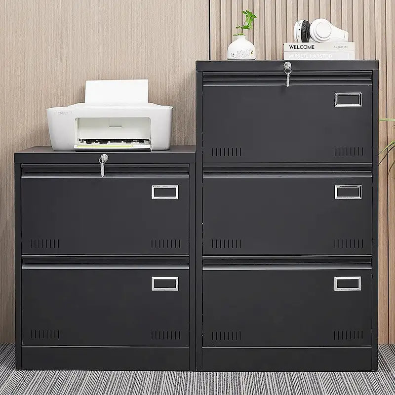 Classeur latéral métallique à 2 tiroirs avec serrure, en acier noir, pour rangement de bureau