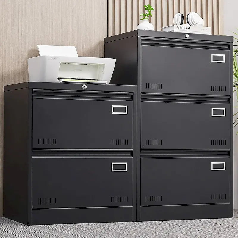 Classeur latéral métallique à 2 tiroirs avec serrure, en acier noir, pour rangement de bureau