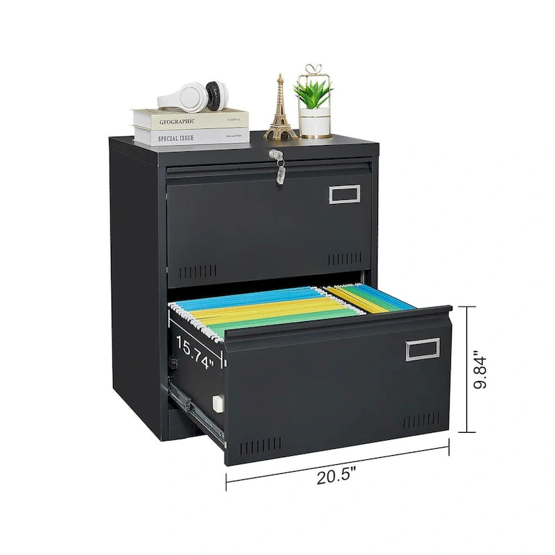 Classeur latéral métallique à 2 tiroirs avec serrure, en acier noir, pour rangement de bureau