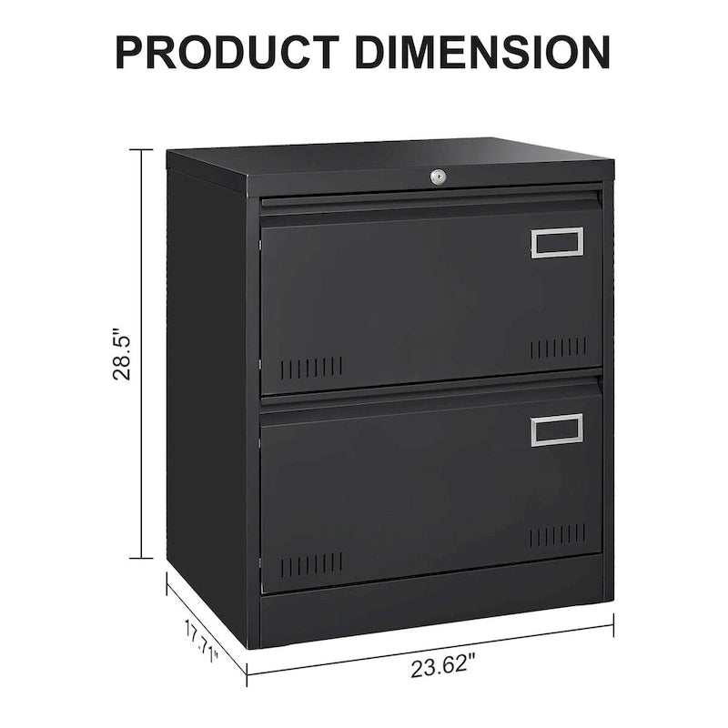 Classeur latéral métallique à 2 tiroirs avec serrure, en acier noir, pour rangement de bureau