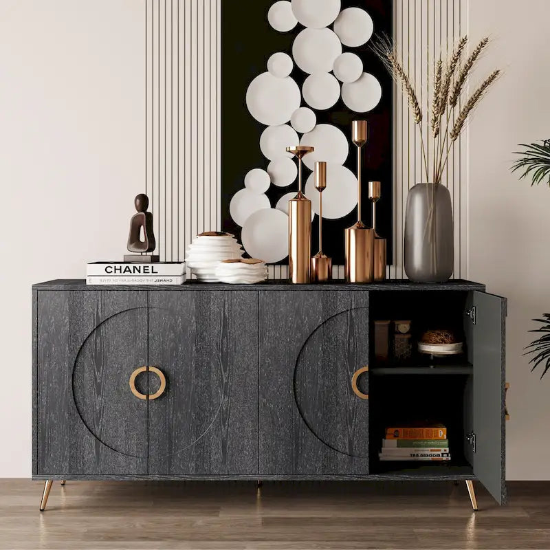 Buffet minimaliste en placage de bois avec pieds en métal champagne noir vieilli