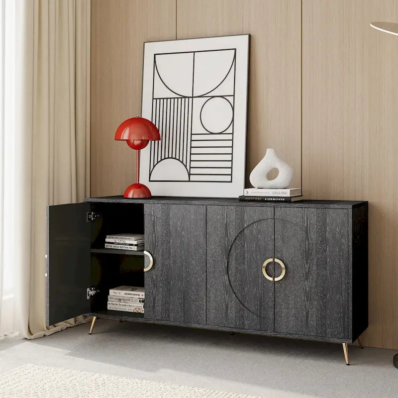 Buffet minimaliste en placage de bois avec pieds en métal champagne noir vieilli