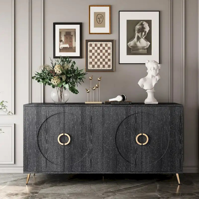 Buffet minimaliste en placage de bois avec pieds en métal champagne noir vieilli