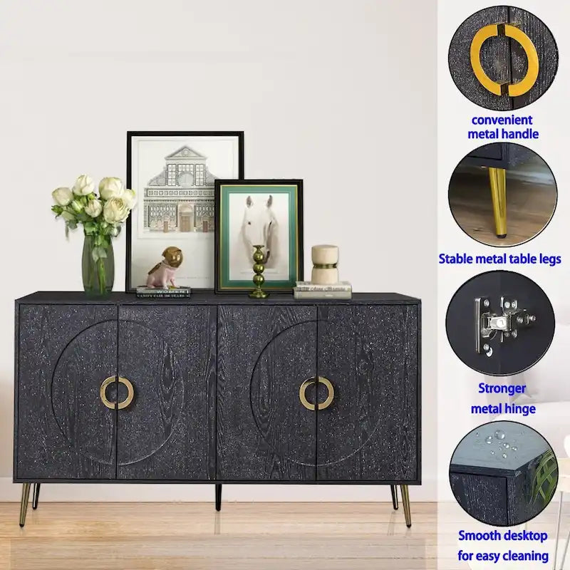 Buffet minimaliste en placage de bois avec pieds en métal champagne noir vieilli