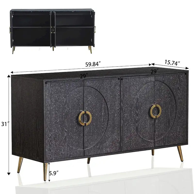 Buffet minimaliste en placage de bois avec pieds en métal champagne noir vieilli