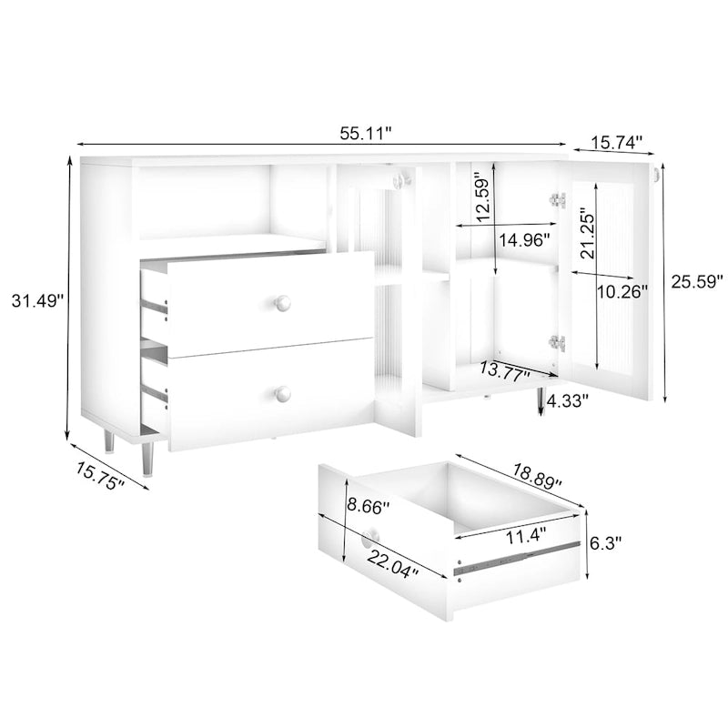 Bahut de rangement blanc avec portes vitrées et 3 tiroirs