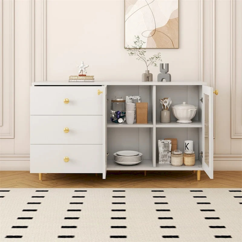Bahut de rangement blanc avec portes vitrées et 3 tiroirs