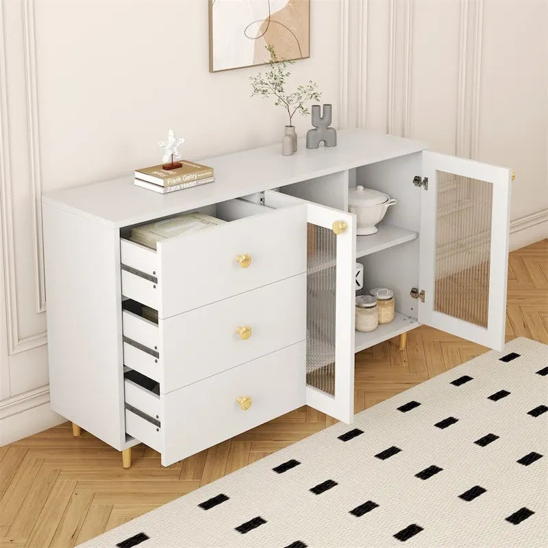 Bahut de rangement blanc avec portes vitrées et 3 tiroirs
