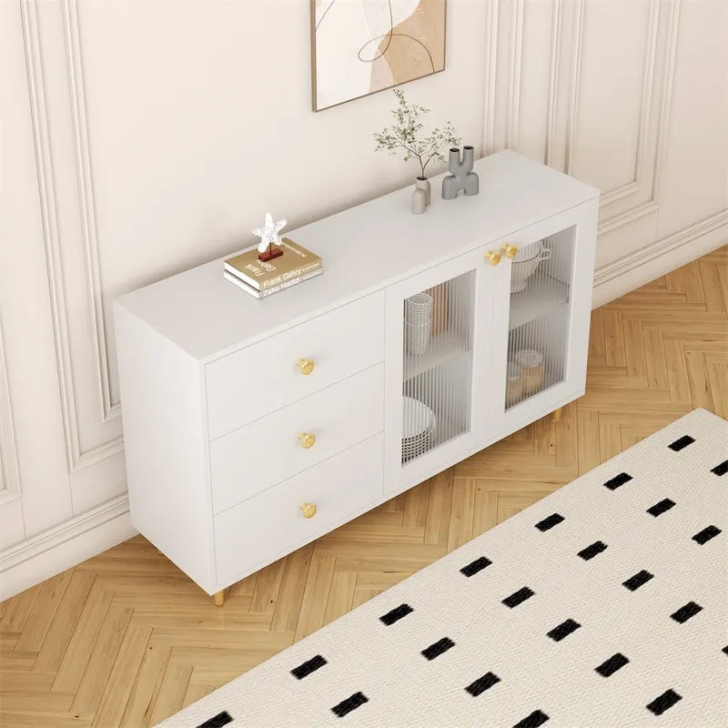Bahut de rangement blanc avec portes vitrées et 3 tiroirs